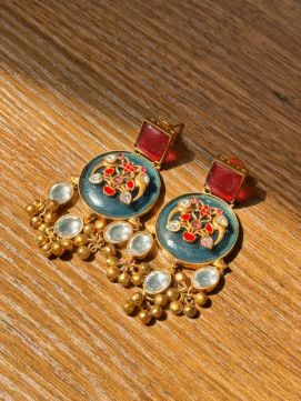 Cute Earrings With Red Stone and Navy Stones, With Polki Hanging
